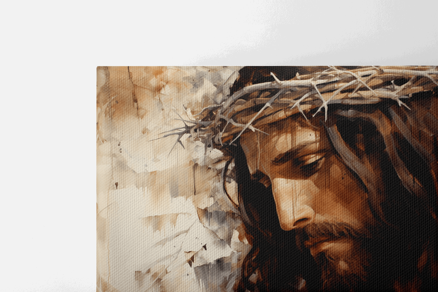 Closeup of a Catholic Print on Canvas Wall Art Oil Painting of Jesus Christ with a crown of thorns 