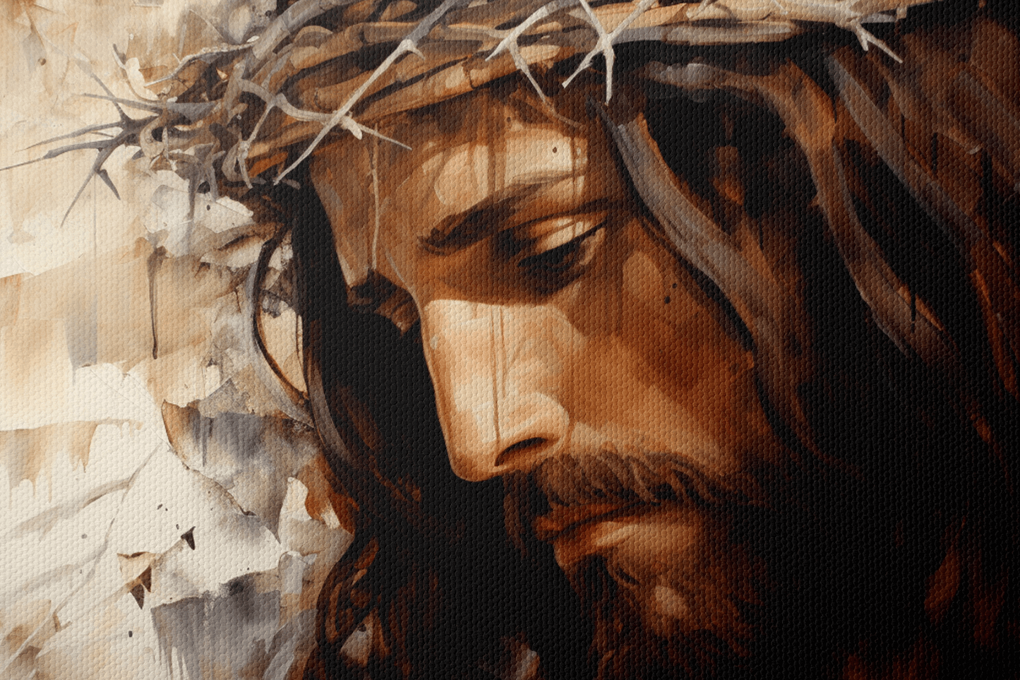 Closeup of Print on Canvas Wall Art Oil Painting of Jesus Christ with a crown of thorns 