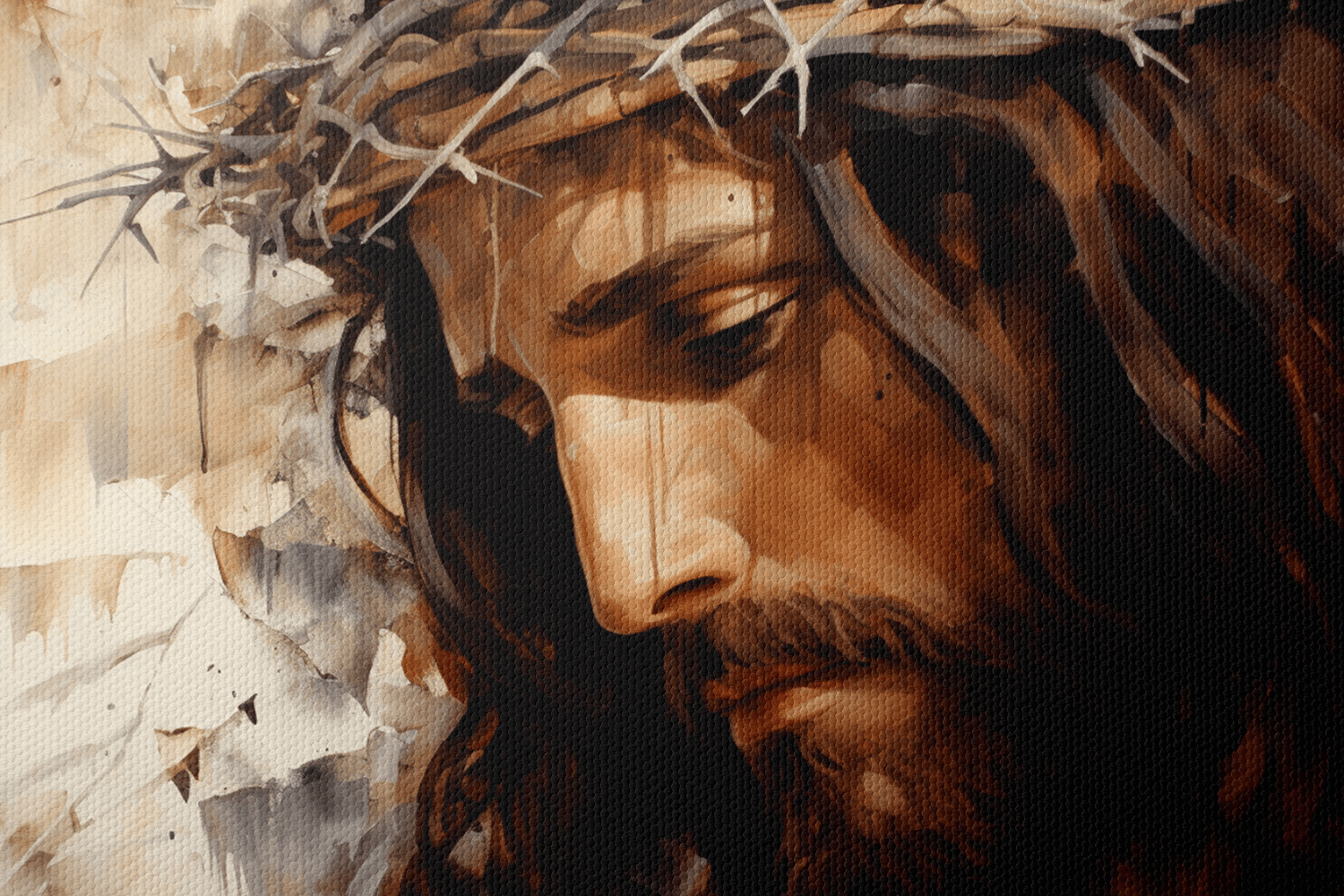 Closeup of Print on Canvas Wall Art Oil Painting of Jesus Christ with a crown of thorns 