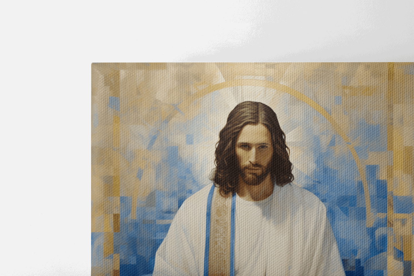 Closeup of the top half of Canvas Wall Art Portrait of Jesus Christ standing in front of a abstract blue background