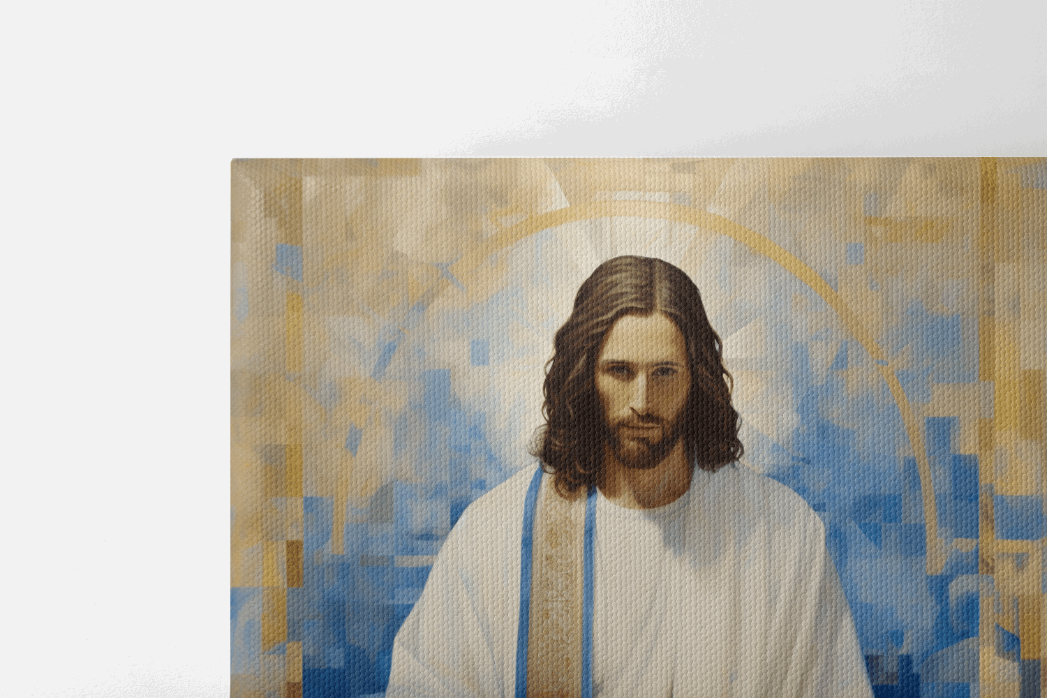Closeup of the top half of Canvas Wall Art Portrait of Jesus Christ standing in front of a abstract blue background
