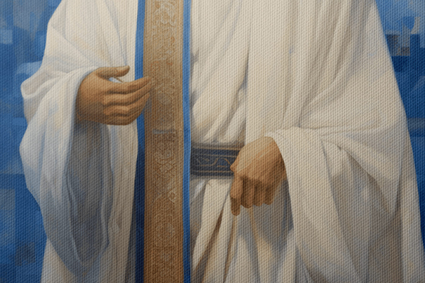 Closeup of Canvas Wall Art Portrait of Jesus Christ standing in front of a abstract blue background