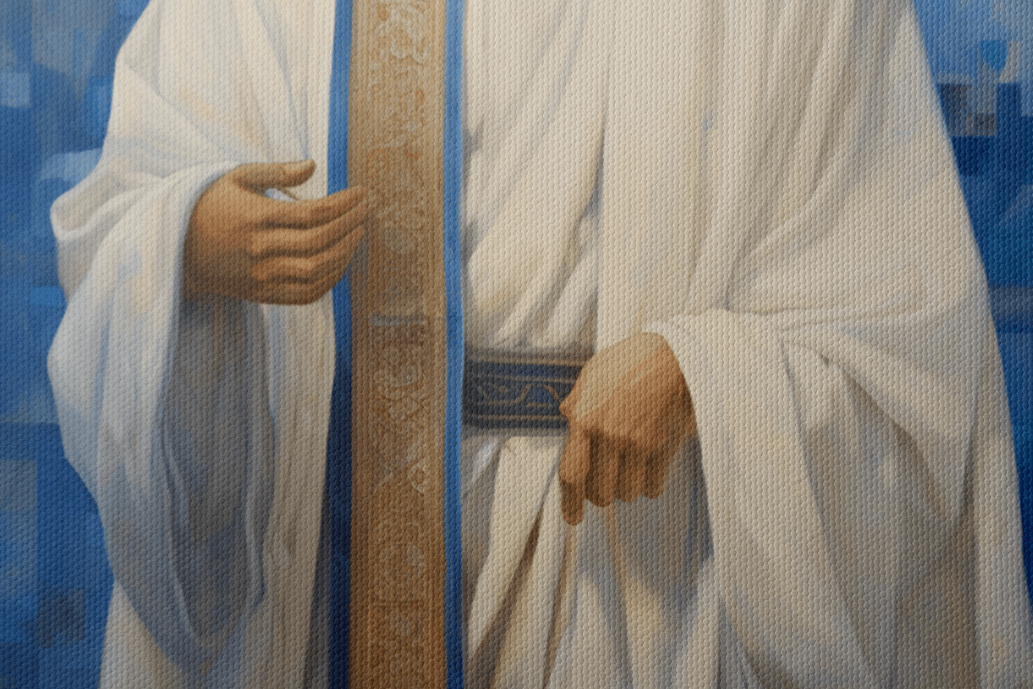 Closeup of Canvas Wall Art Portrait of Jesus Christ standing in front of a abstract blue background