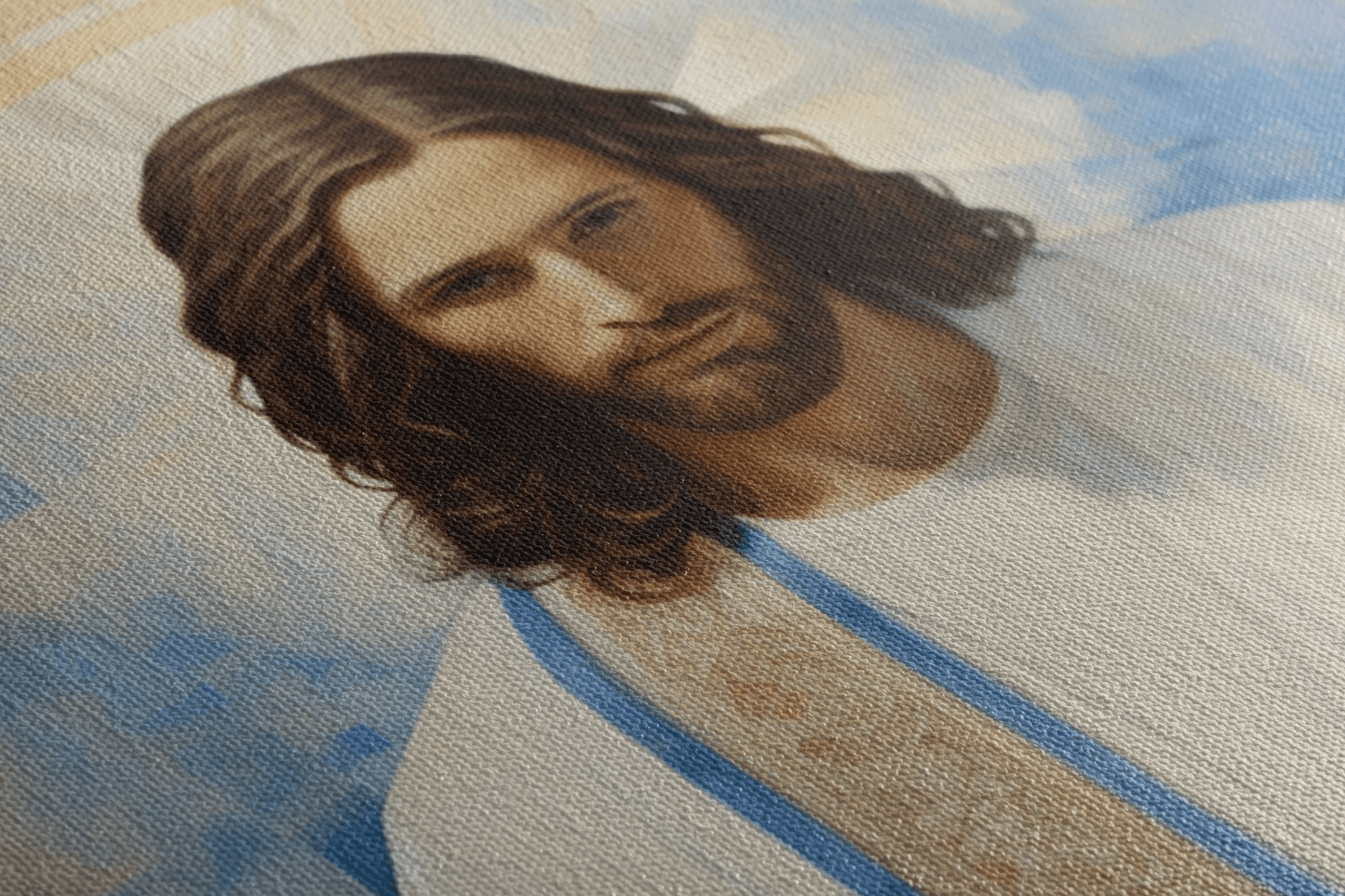 Detailed closeup of Canvas Wall Art Portrait of Jesus Christ standing in front of a abstract blue background