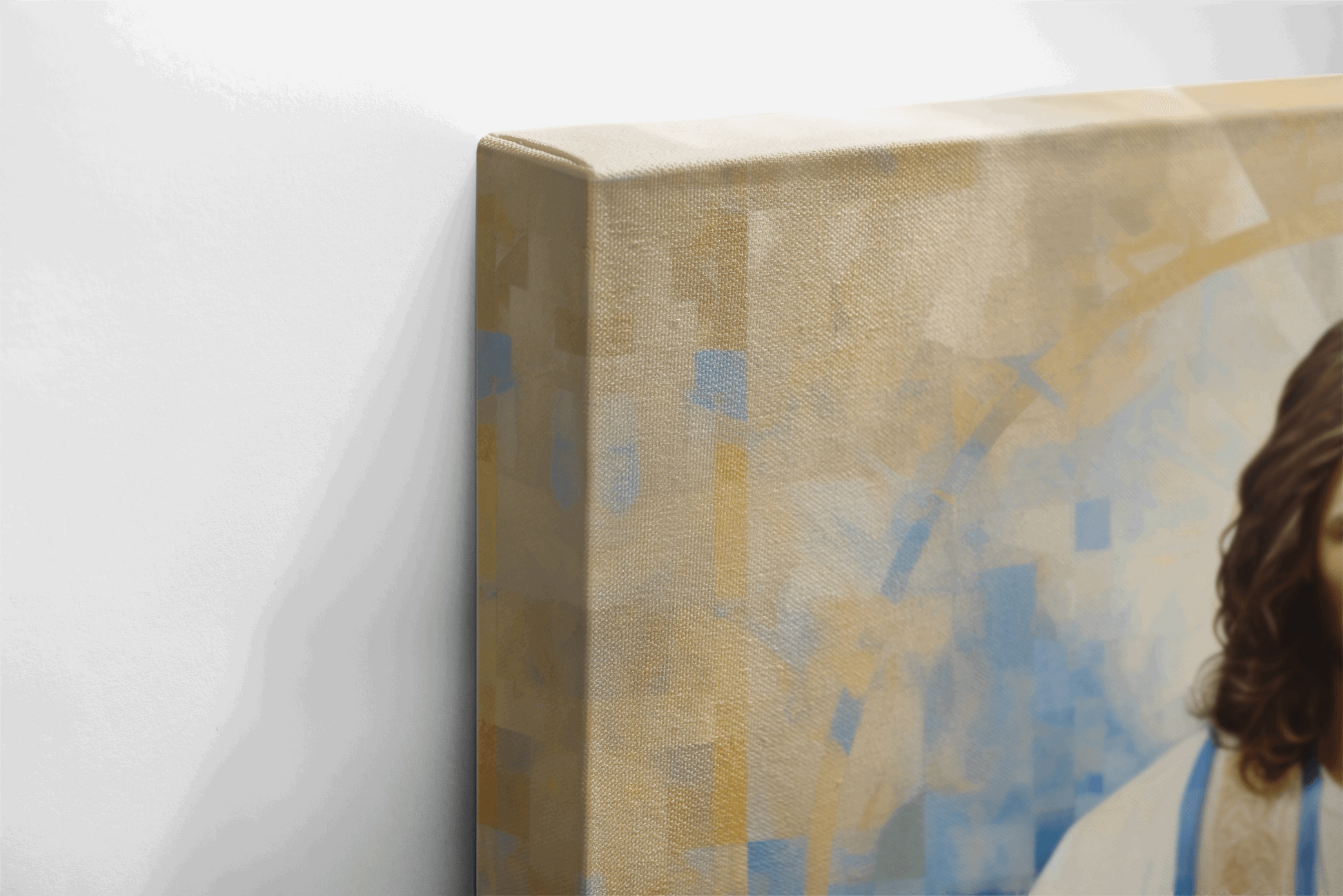 Side view of Canvas Wall Art Portrait of Jesus Christ standing in front of a abstract blue background