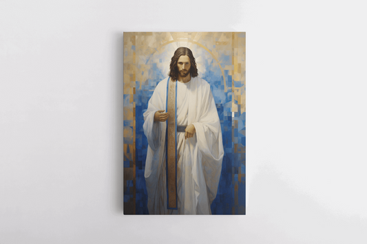 Canvas Wall Art Portrait of Jesus Christ standing in front of a abstract blue background