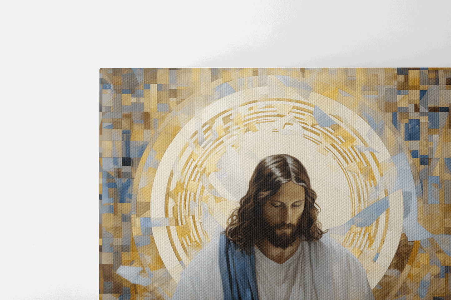Closeup of the top half of Canvas Wall Art Painting of Jesus Christ holding a light in front of an abstract background