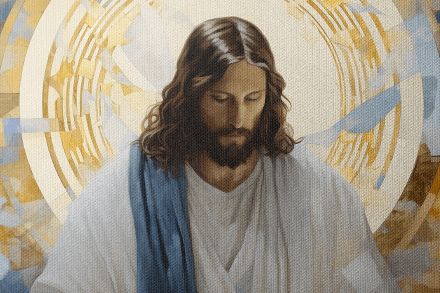 Closeup of Canvas Wall Art Painting of Jesus Christ holding a light in front of an abstract background