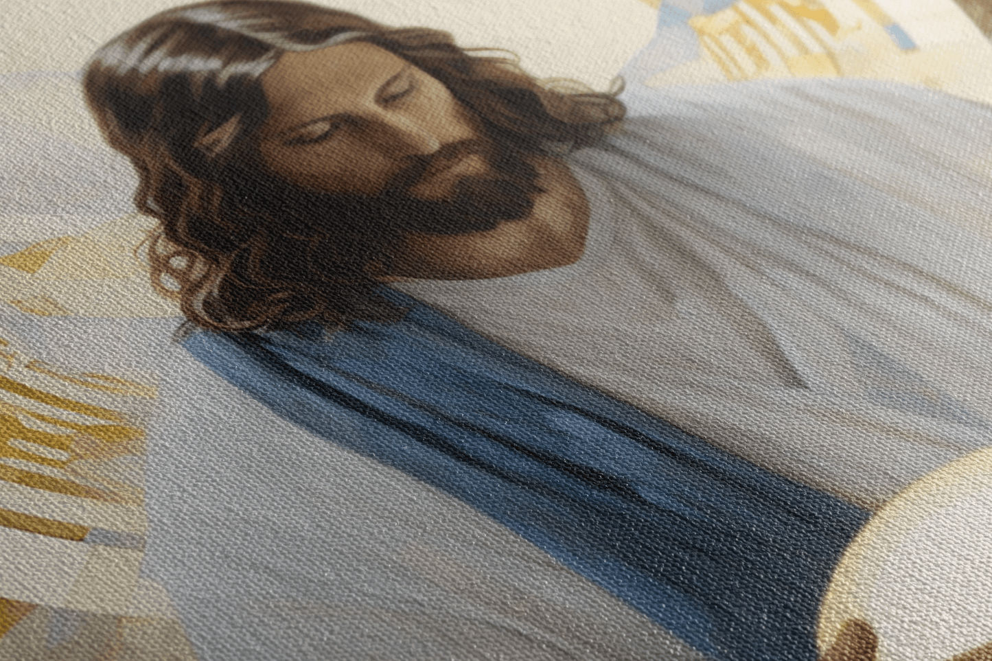 Detailed closeup of Canvas Wall Art Painting of Jesus Christ holding a light in front of an abstract background