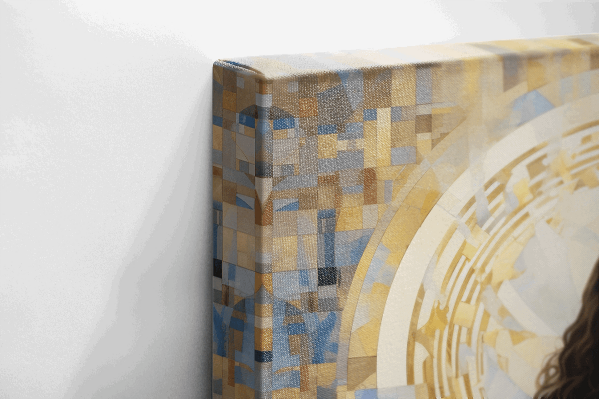 Side view of Canvas Wall Art Painting of Jesus Christ holding a light in front of an abstract background
