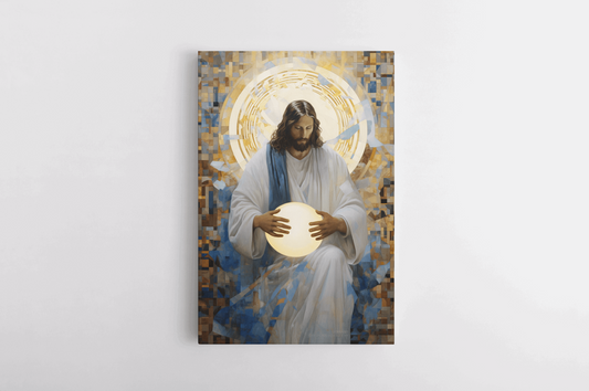 Canvas Wall Art Painting of Jesus Christ holding a light in front of an abstract background
