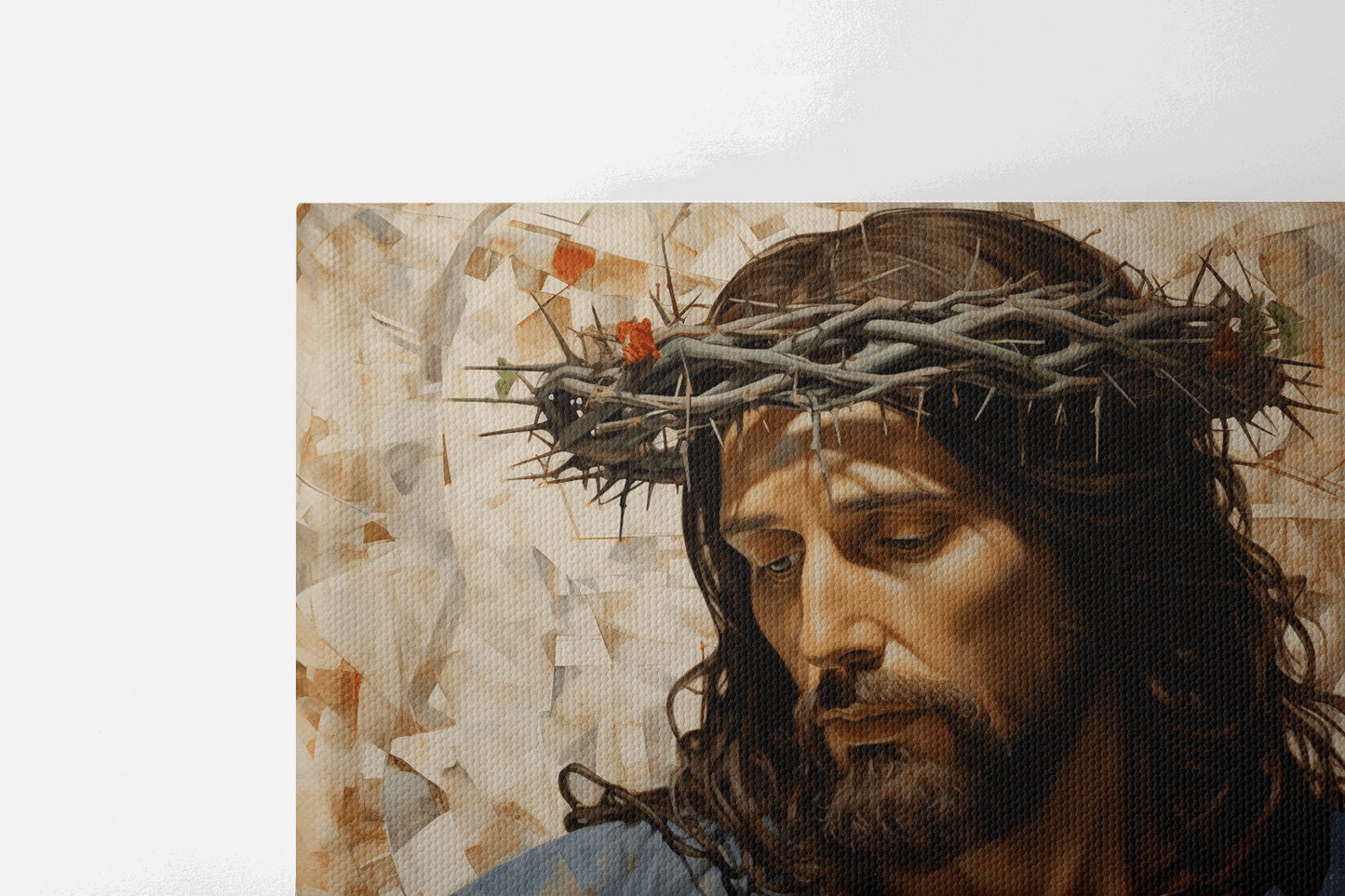 Top half of Canvas Wall Art Christian Oil Painting of Jesus Christ wearing a blue robe and a crown of thorns on his head