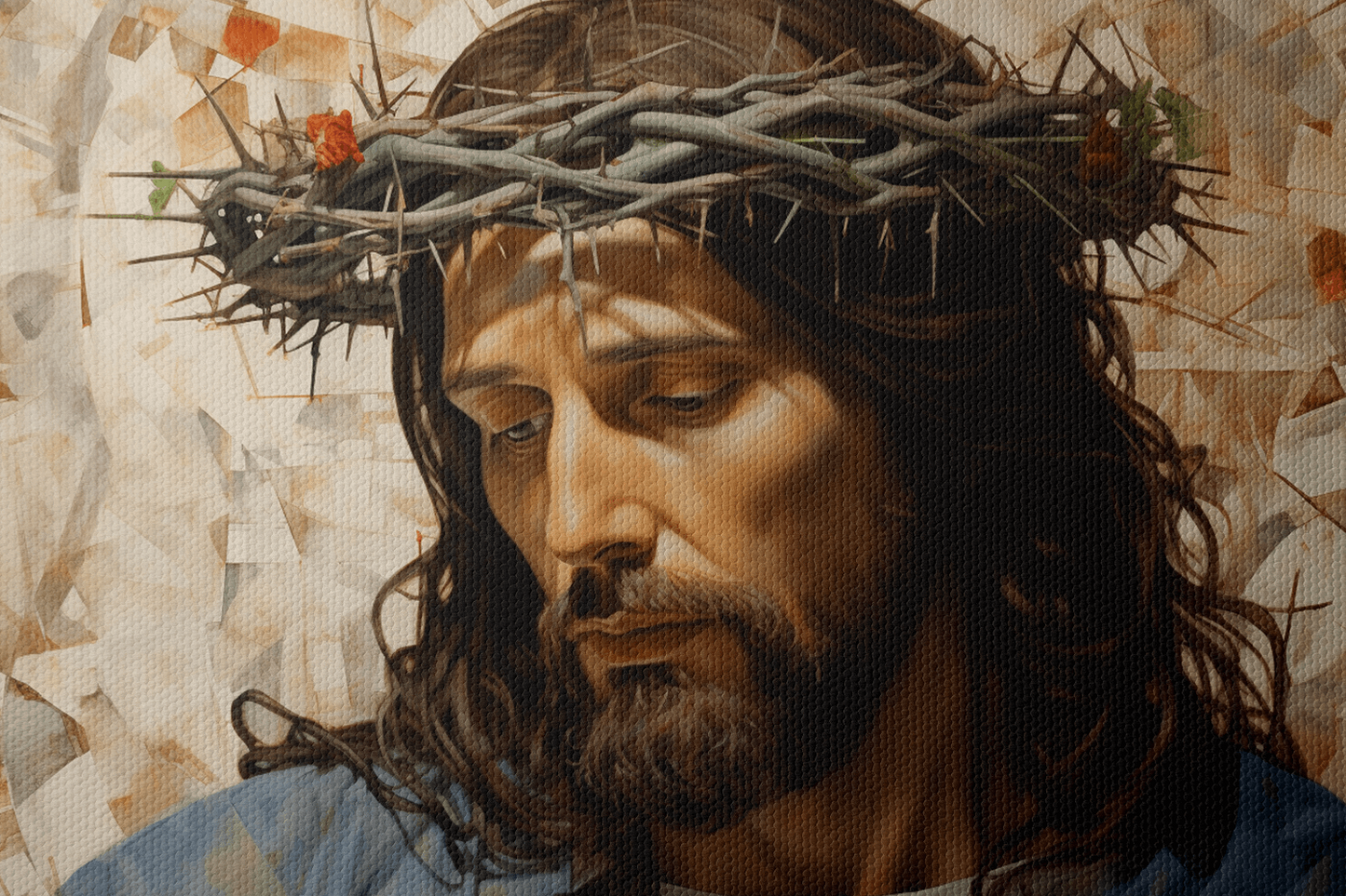 Closeup of Canvas Wall Art Christian Oil Painting of Jesus Christ wearing a blue robe and a crown of thorns on his head