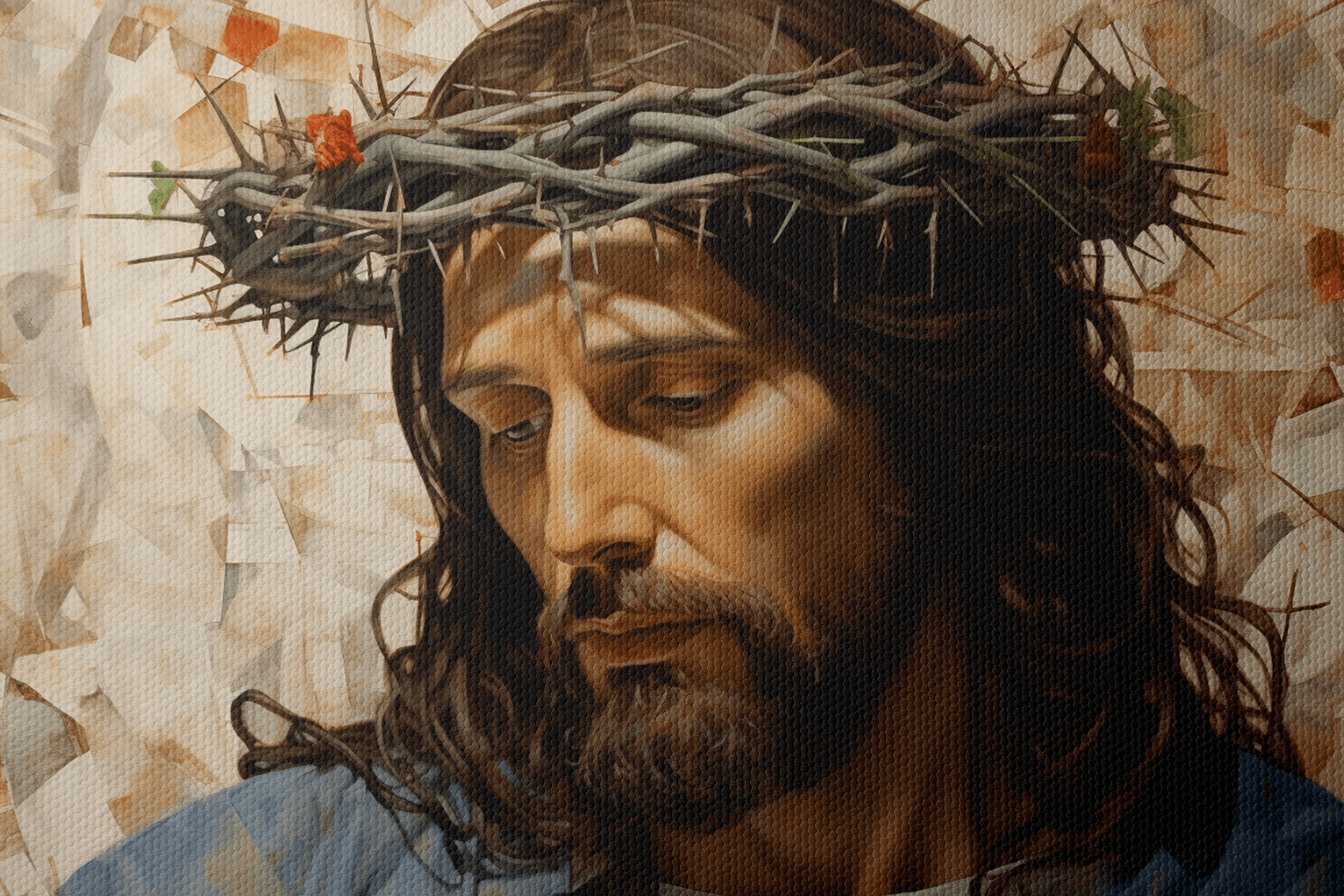 Closeup of Canvas Wall Art Christian Oil Painting of Jesus Christ wearing a blue robe and a crown of thorns on his head