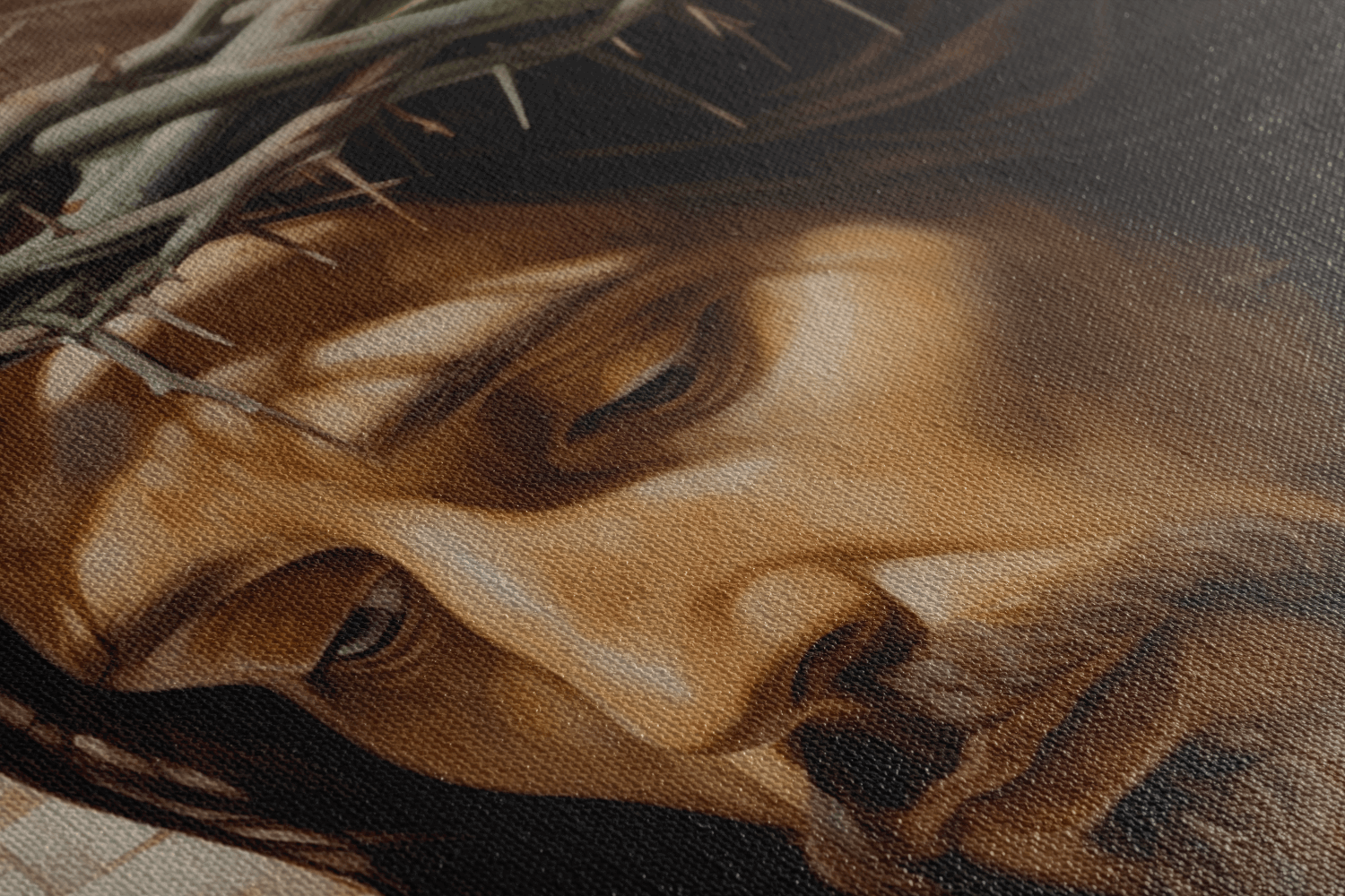 Detailed closeup of Canvas Wall Art Christian Oil Painting of Jesus Christ wearing a blue robe and a crown of thorns on his head