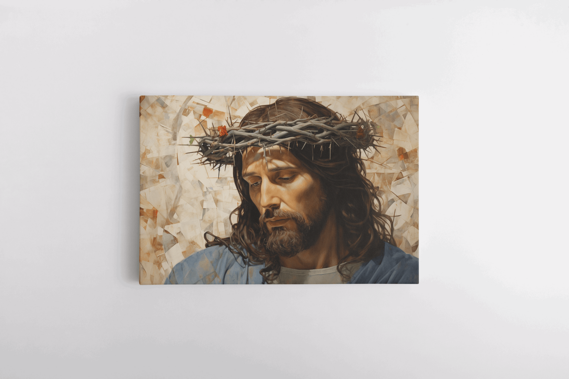 Canvas Wall Art Christian Oil Painting of Jesus Christ wearing a blue robe and a crown of thorns on his head