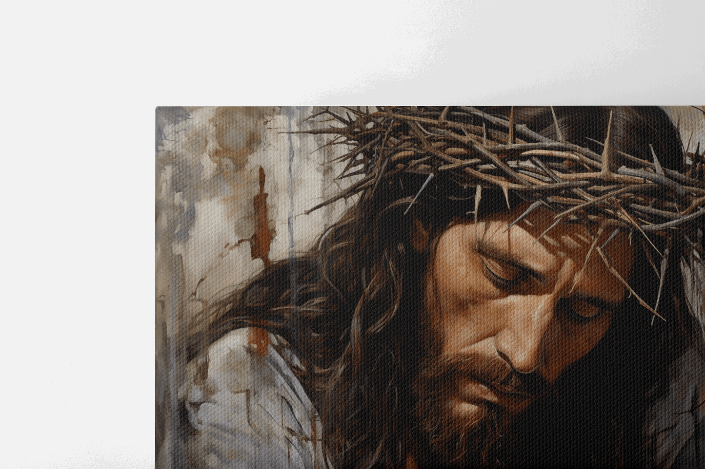 Closeup of a portrait Canvas Wall Art Painting of Jesus Christ with a crown of thorns on his head