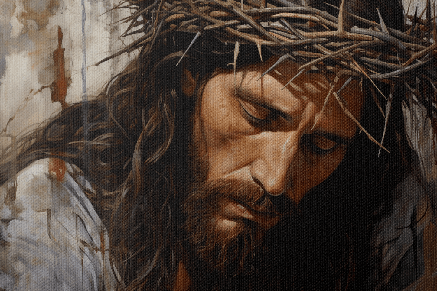 Closeup of Canvas Wall Art Painting of Jesus Christ with a crown of thorns on his head