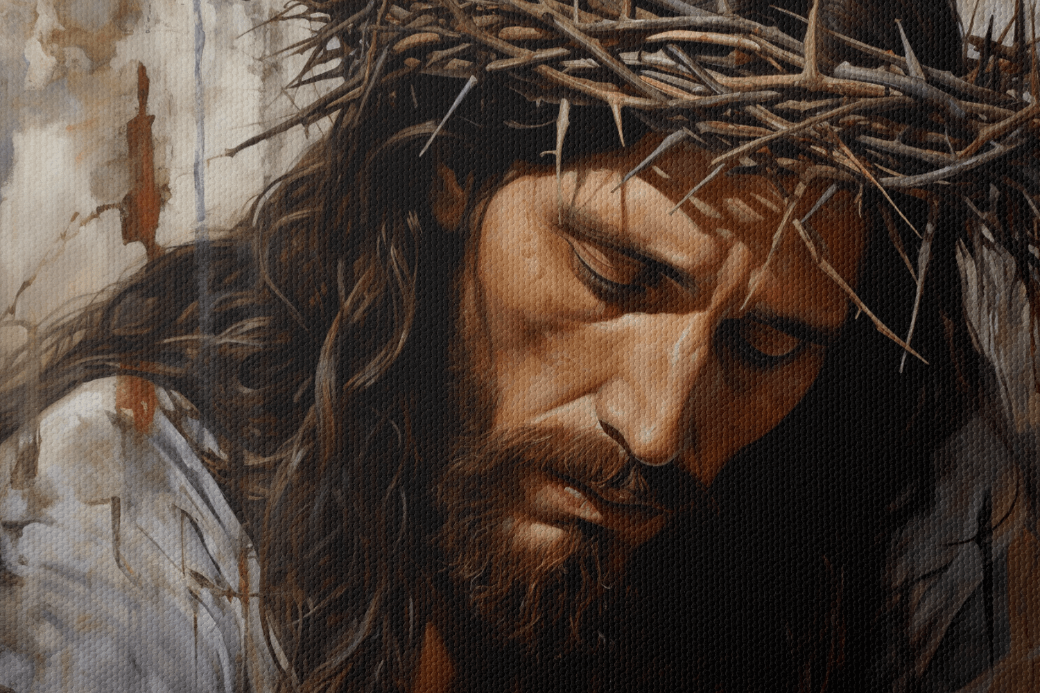 Closeup of Canvas Wall Art Painting of Jesus Christ with a crown of thorns on his head