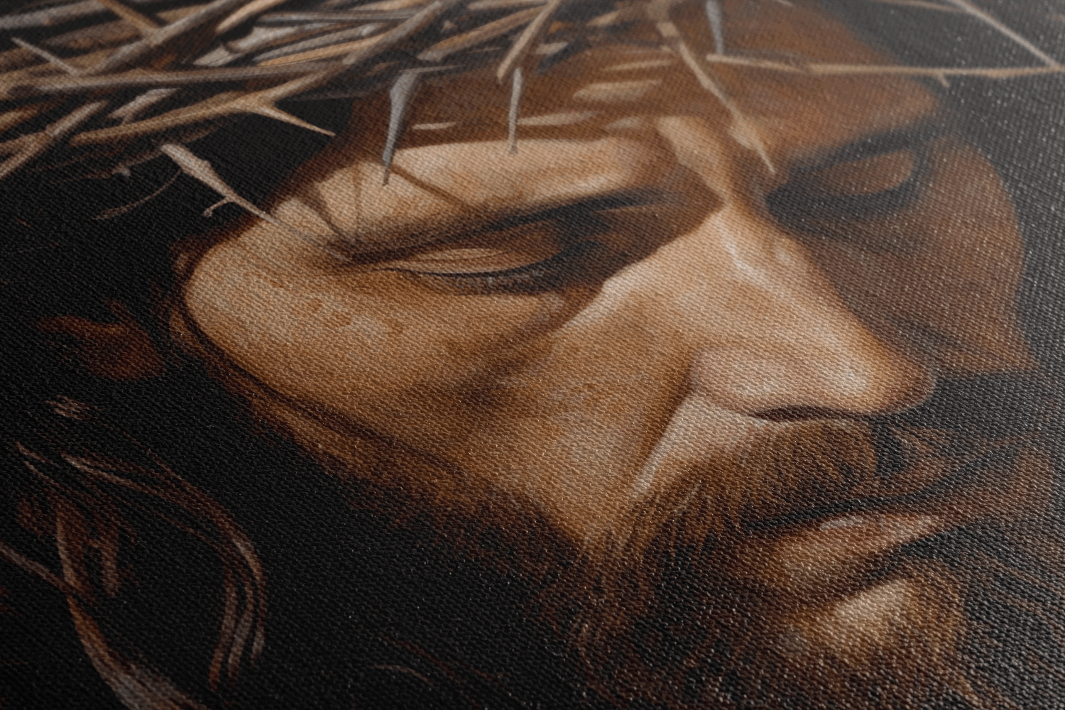 Detailed Closeup of Canvas Wall Art Painting of Jesus Christ with a crown of thorns on his head