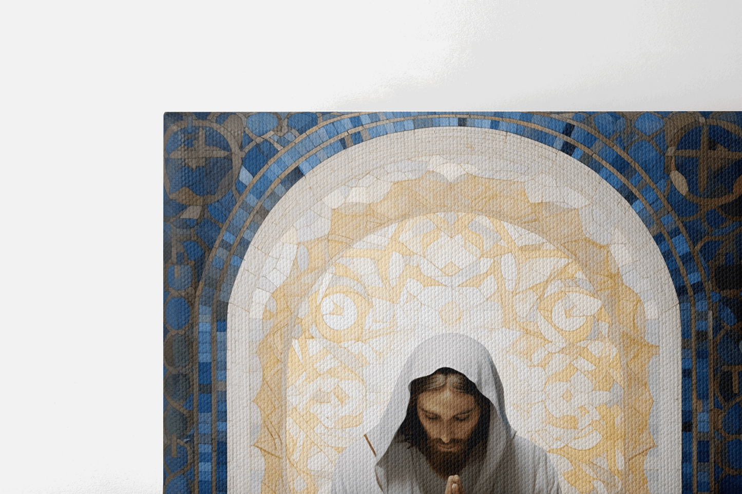 View of the top half of Canvas Wall Art Realistic Oil Painting of Jesus Christ praying in a white robe in a mosaic chapel