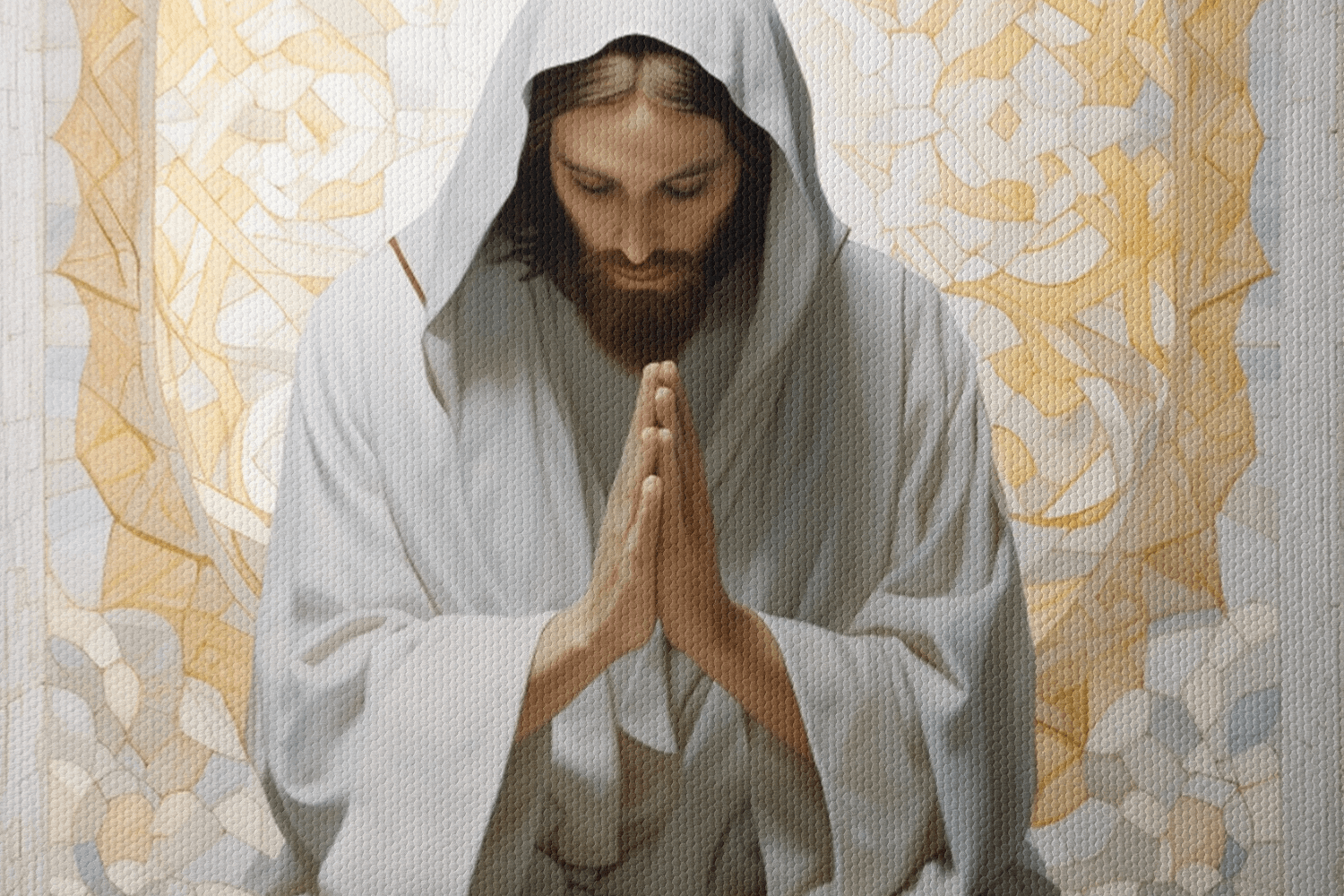 Closeup of Canvas Wall Art Realistic Oil Painting of Jesus Christ praying in a white robe in a mosaic chapel