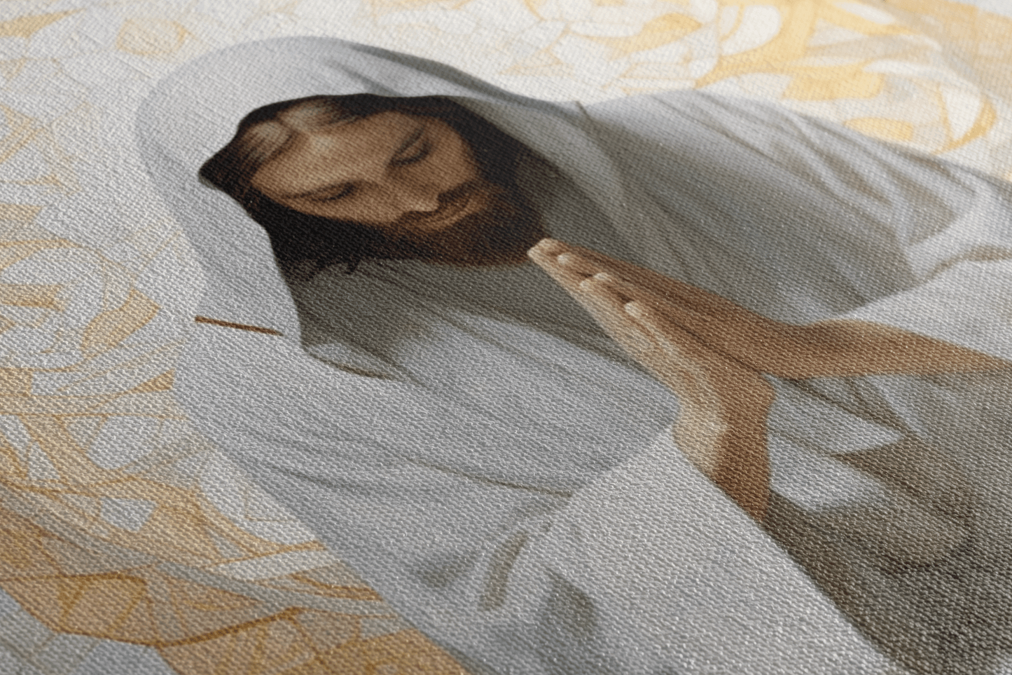 Detailed closeup of Canvas Wall Art Realistic Oil Painting of Jesus Christ praying in a white robe in a mosaic chapel