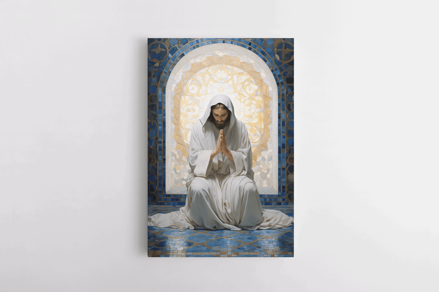 Canvas Wall Art Realistic Oil Painting of Jesus Christ praying in a white robe in a mosaic chapel