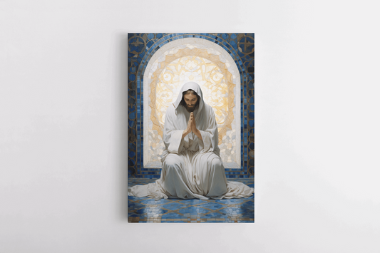 Canvas Wall Art Realistic Oil Painting of Jesus Christ praying in a white robe in a mosaic chapel