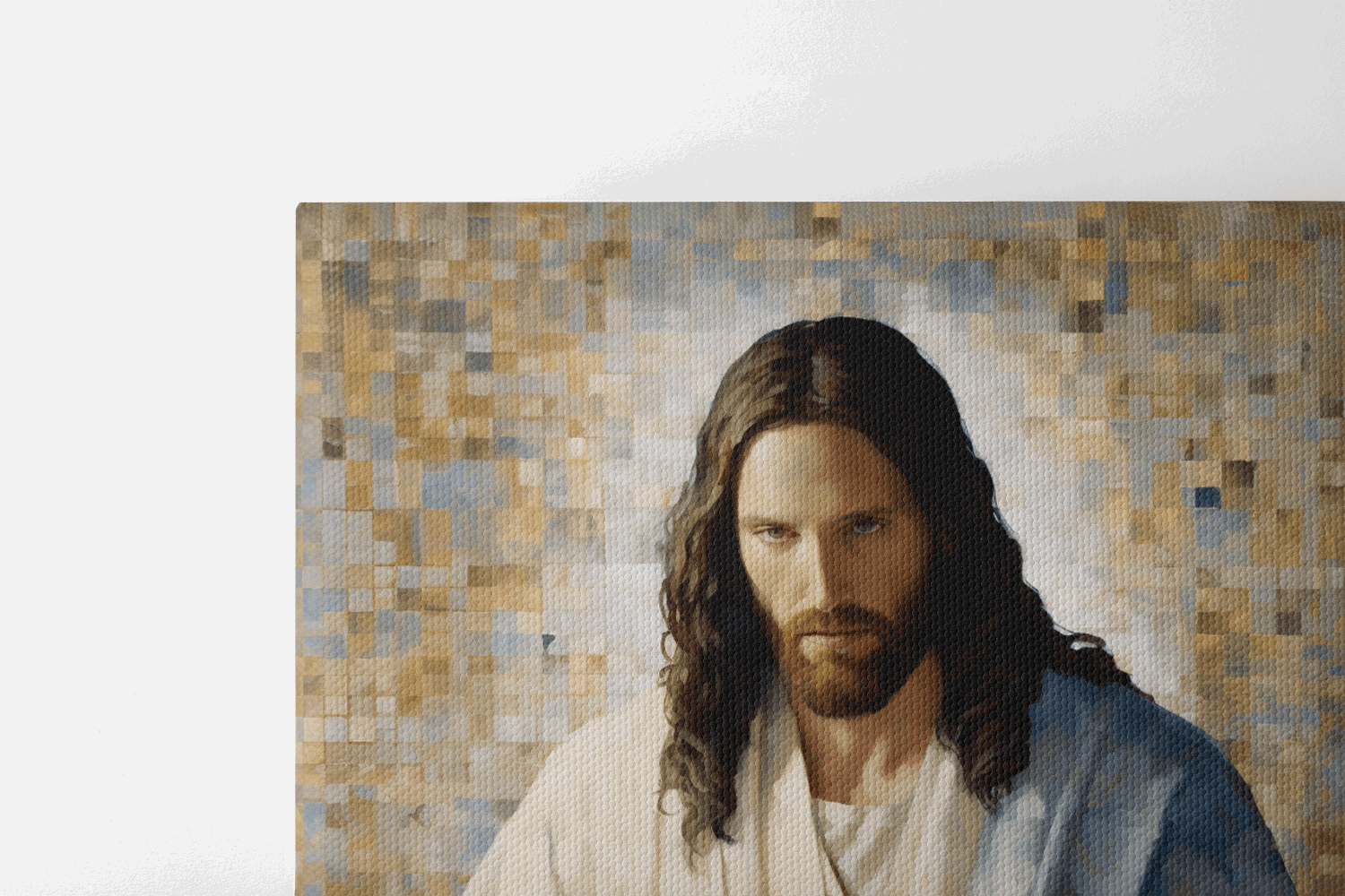 Detailed Closeup of Catholic Canvas Wall Art Oil Painting of Jesus holding the sacred Bible