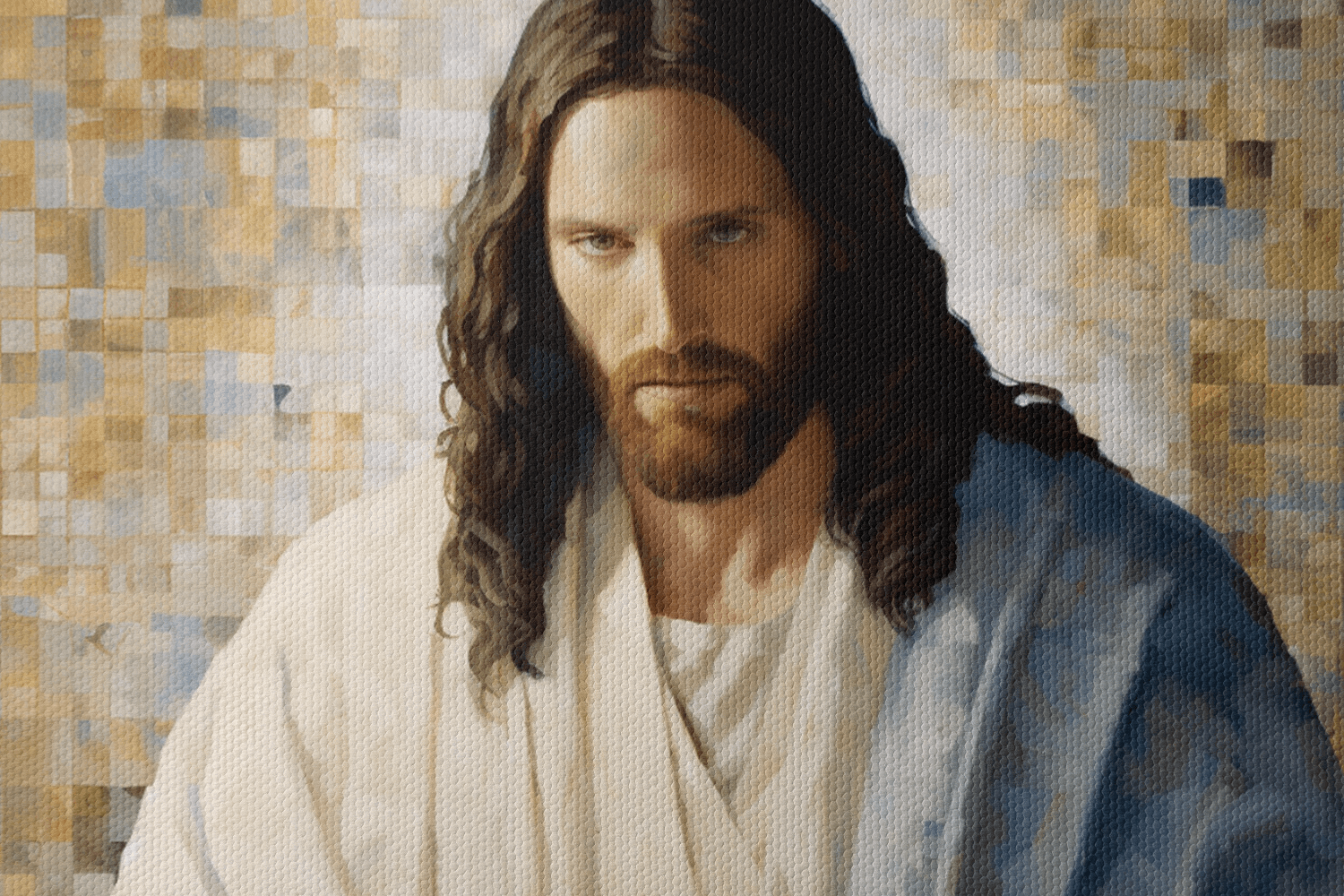 Closeup of a Catholic Canvas Wall Art Oil Painting of Jesus holding the sacred Bible