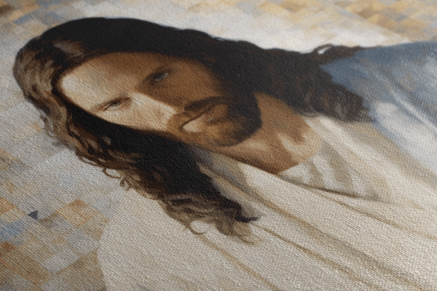Closeup of Christian Catholic Canvas Wall Art Oil Painting of Jesus holding the sacred Bible