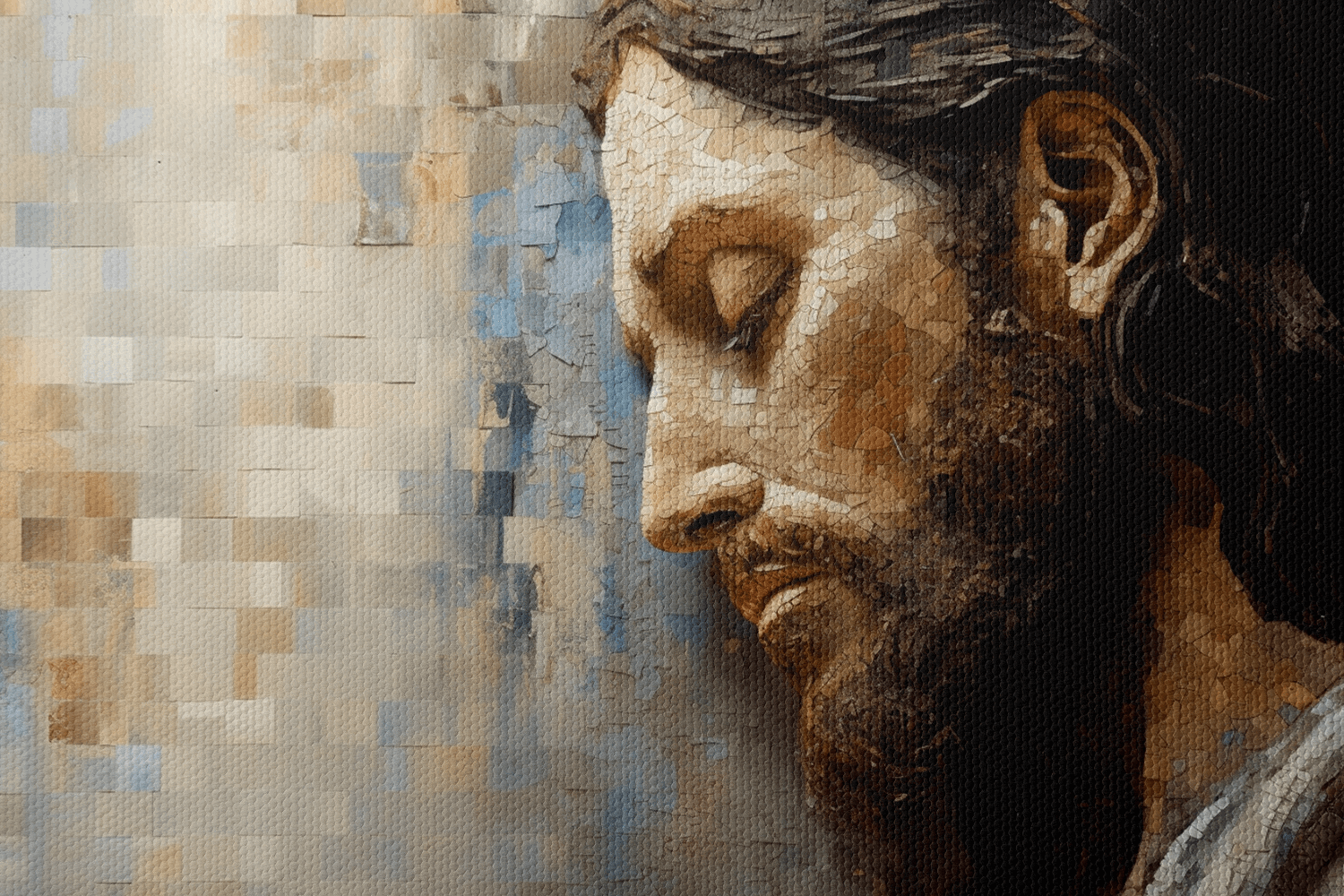 Closeup of Canvas Wall Christian Mosaic Style Art Painting of a side profile of Jesus Christ