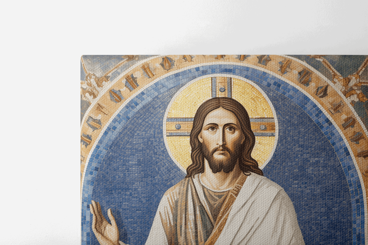 Top half of Canvas Wall Art Mosaic Style Painting of Jesus Christ with a gold halo in a chapel