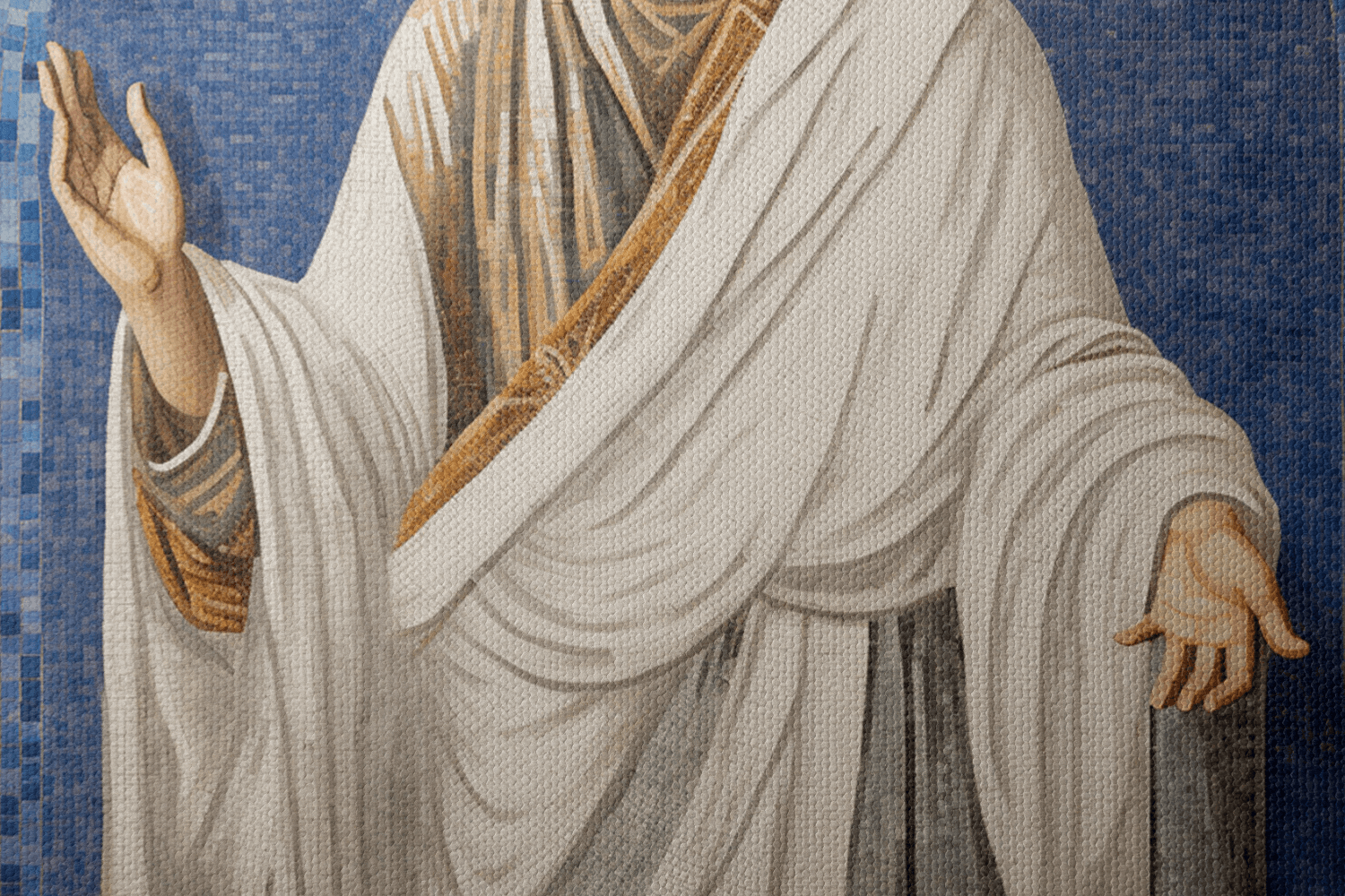 Closeup of Canvas Wall Art Mosaic Style Painting of Jesus Christ with a gold halo in a chapel
