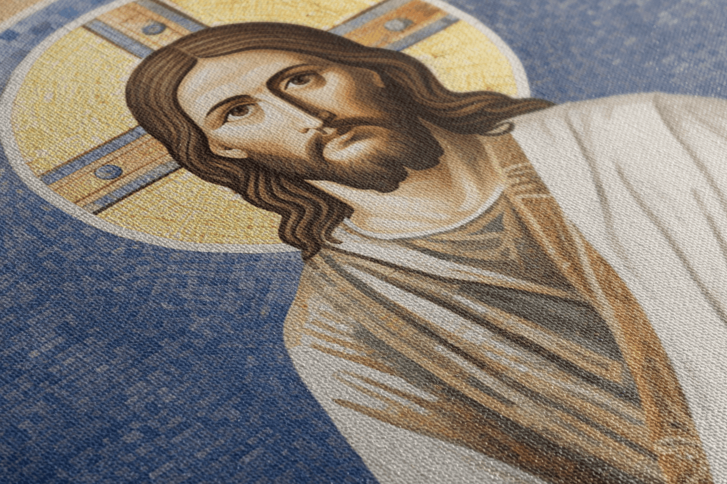 Detailed closeup of Canvas Wall Art Mosaic Style Painting of Jesus Christ with a gold halo in a chapel