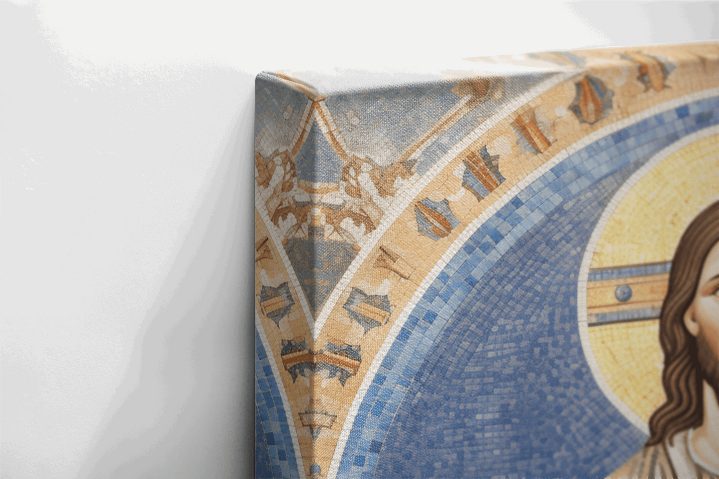 Side view of Canvas Wall Art Mosaic Style Painting of Jesus Christ with a gold halo in a chapel