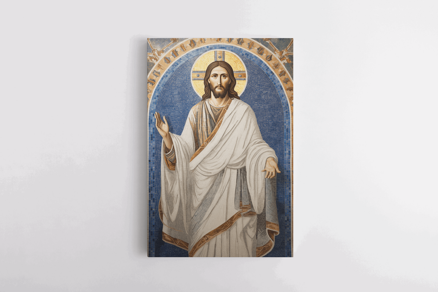 Canvas Wall Art Mosaic Style Painting of Jesus Christ with a gold halo in a chapel