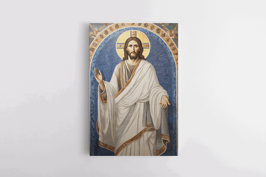 Canvas Wall Art Mosaic Style Painting of Jesus Christ with a gold halo in a chapel