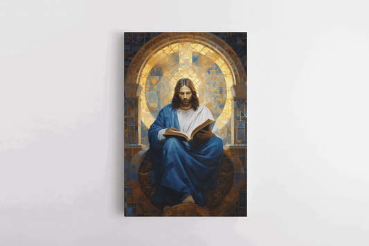 Canvas Wall Art Realistic Oil Painting of Jesus Christ reading Bible while sitting on a throne in a Catholic chapel