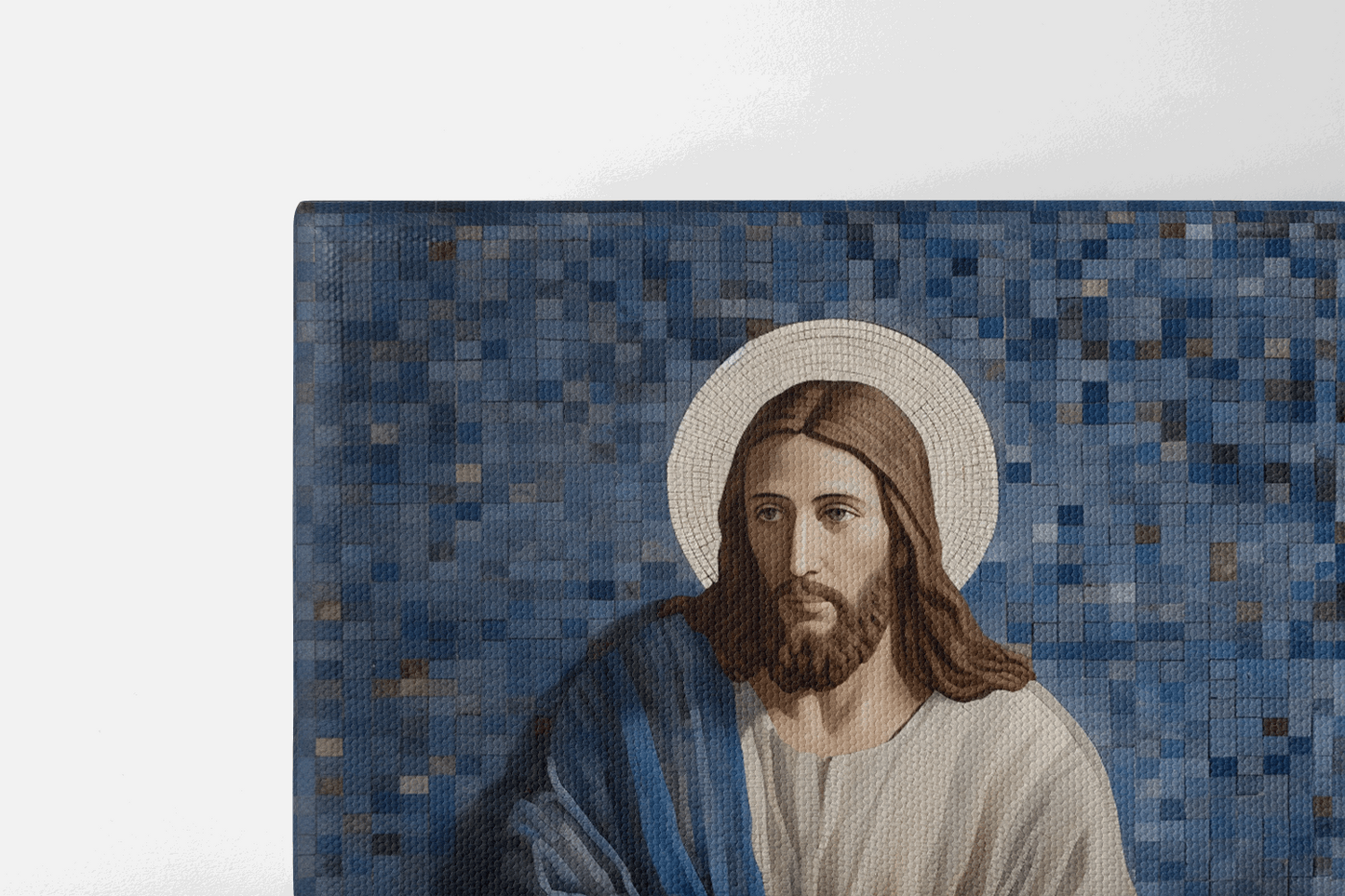 Top half of Canvas Wall Art Mosaic style painting of Jesus Christ sitting in a blue chapel with a lamb