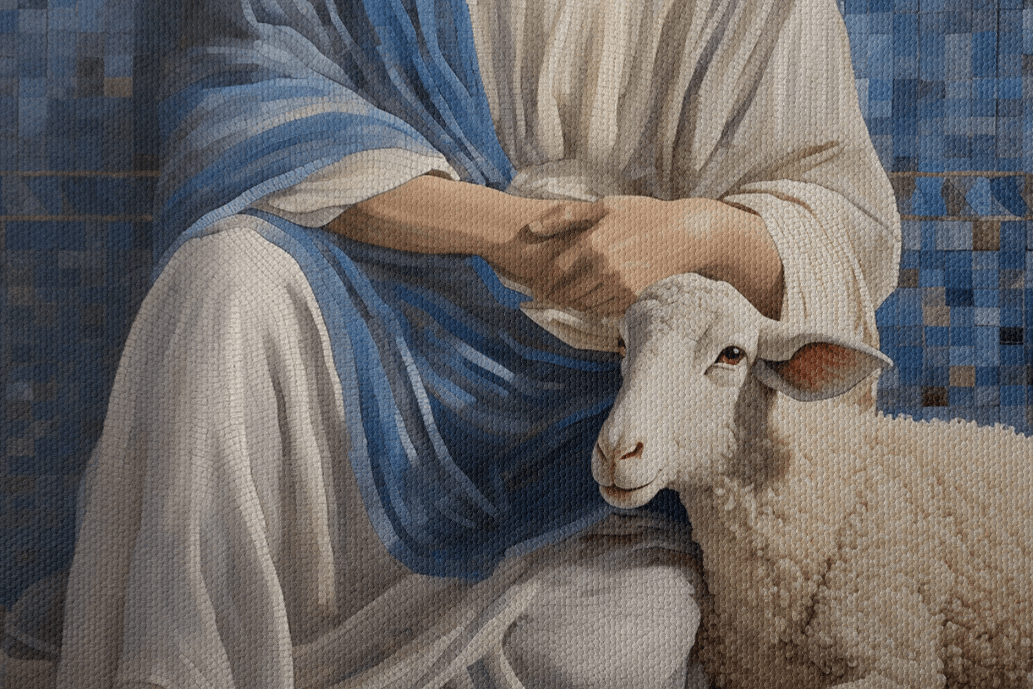 Closeup of Canvas Wall Art Mosaic style painting of Jesus Christ sitting in a blue chapel with a lamb