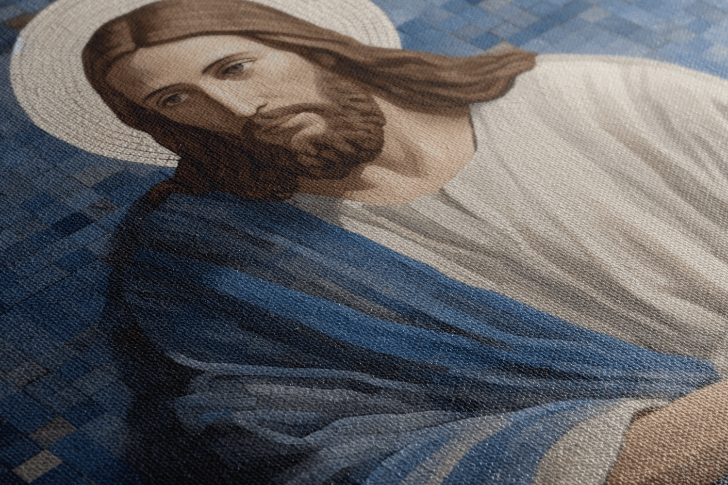 Detailed closeup of Canvas Wall Art Mosaic style painting of Jesus Christ sitting in a blue chapel with a lamb