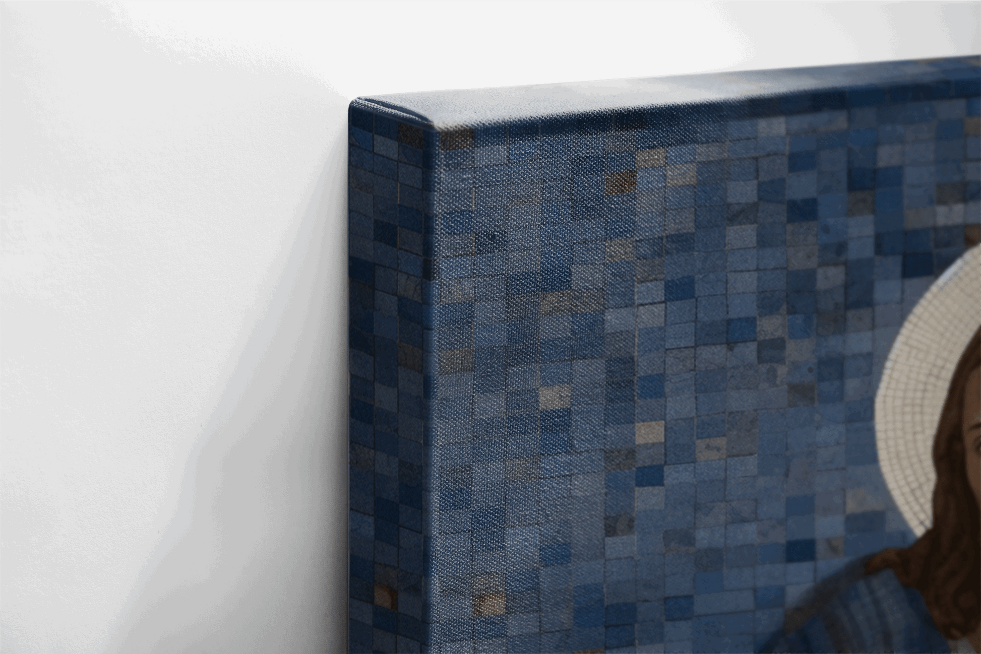 Side view of Canvas Wall Art Mosaic style painting of Jesus Christ sitting in a blue chapel with a lamb