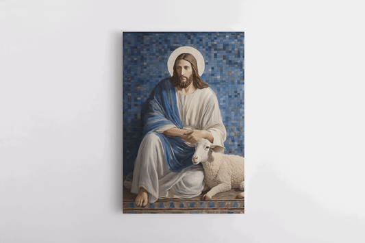 Canvas Wall Art Mosaic style painting of Jesus Christ sitting in a blue chapel with a lamb