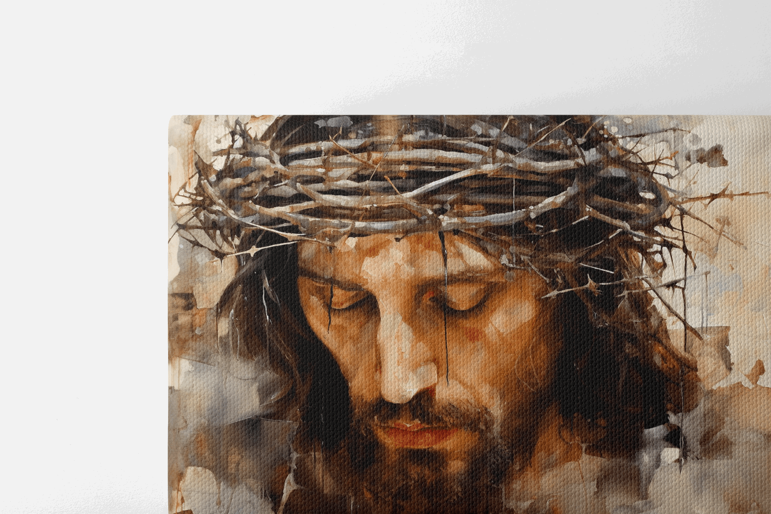 View of the top of Canvas Wall Art Christian Painting of a Closeup Portrait of Jesus Christ