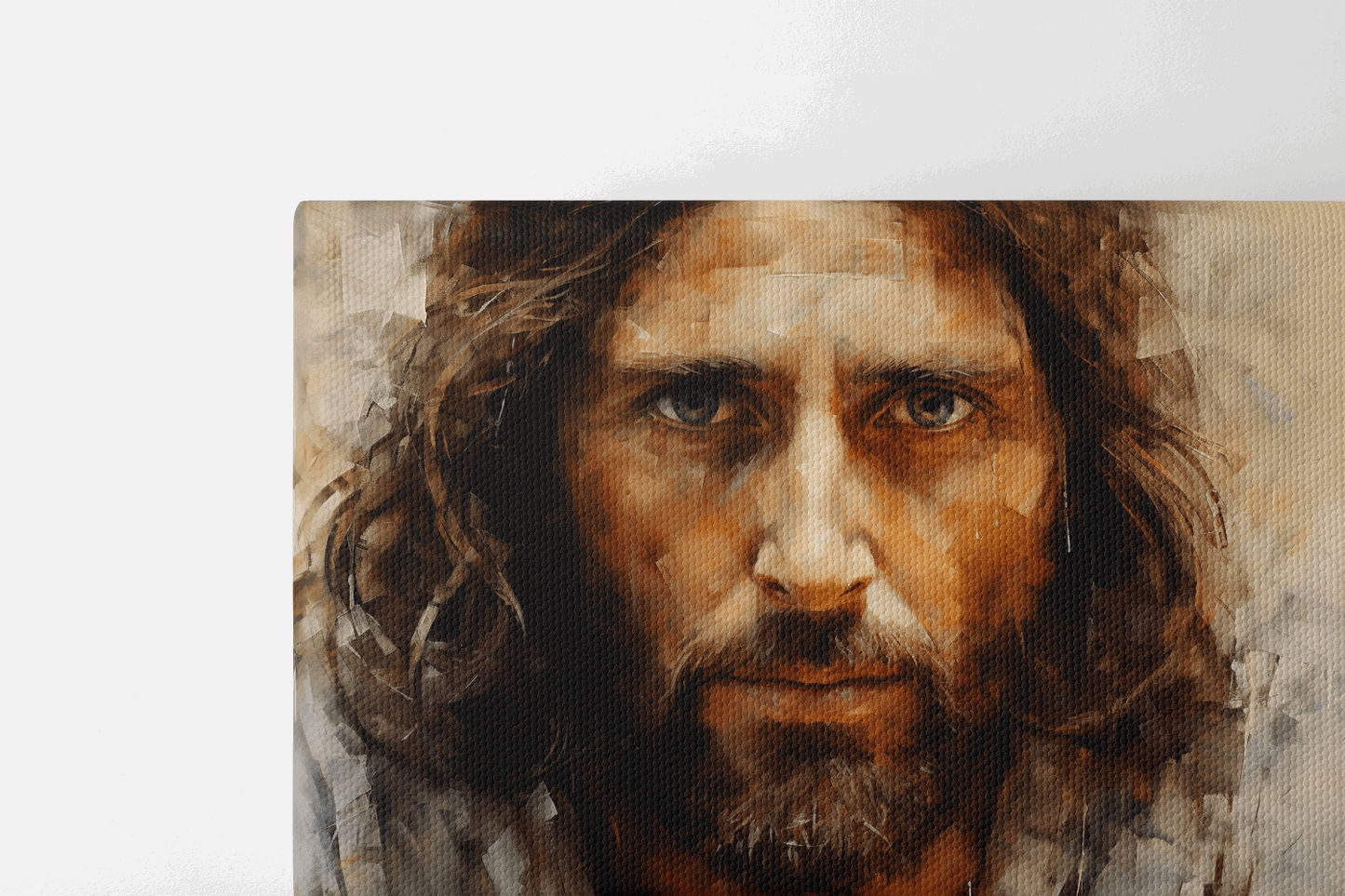 Closeup of Canvas Wall Art Painting Portrait of Jesus Christ with expressive brush strokes