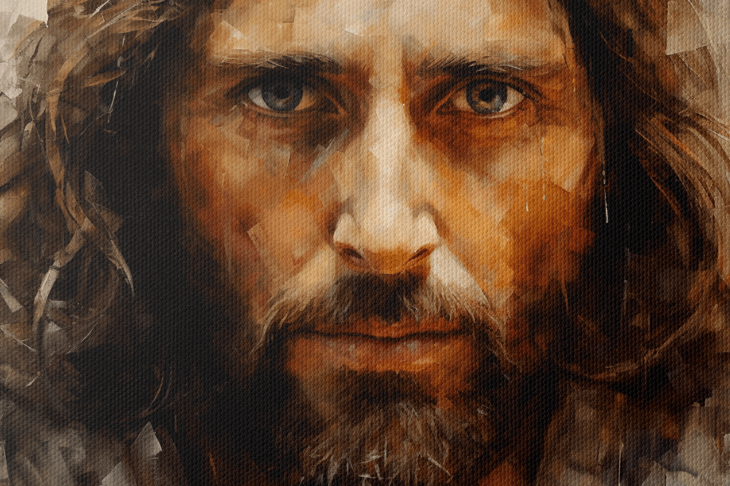 Closeup of Canvas Wall Art Oil Painting Portrait of Jesus Christ with expressive brush strokes