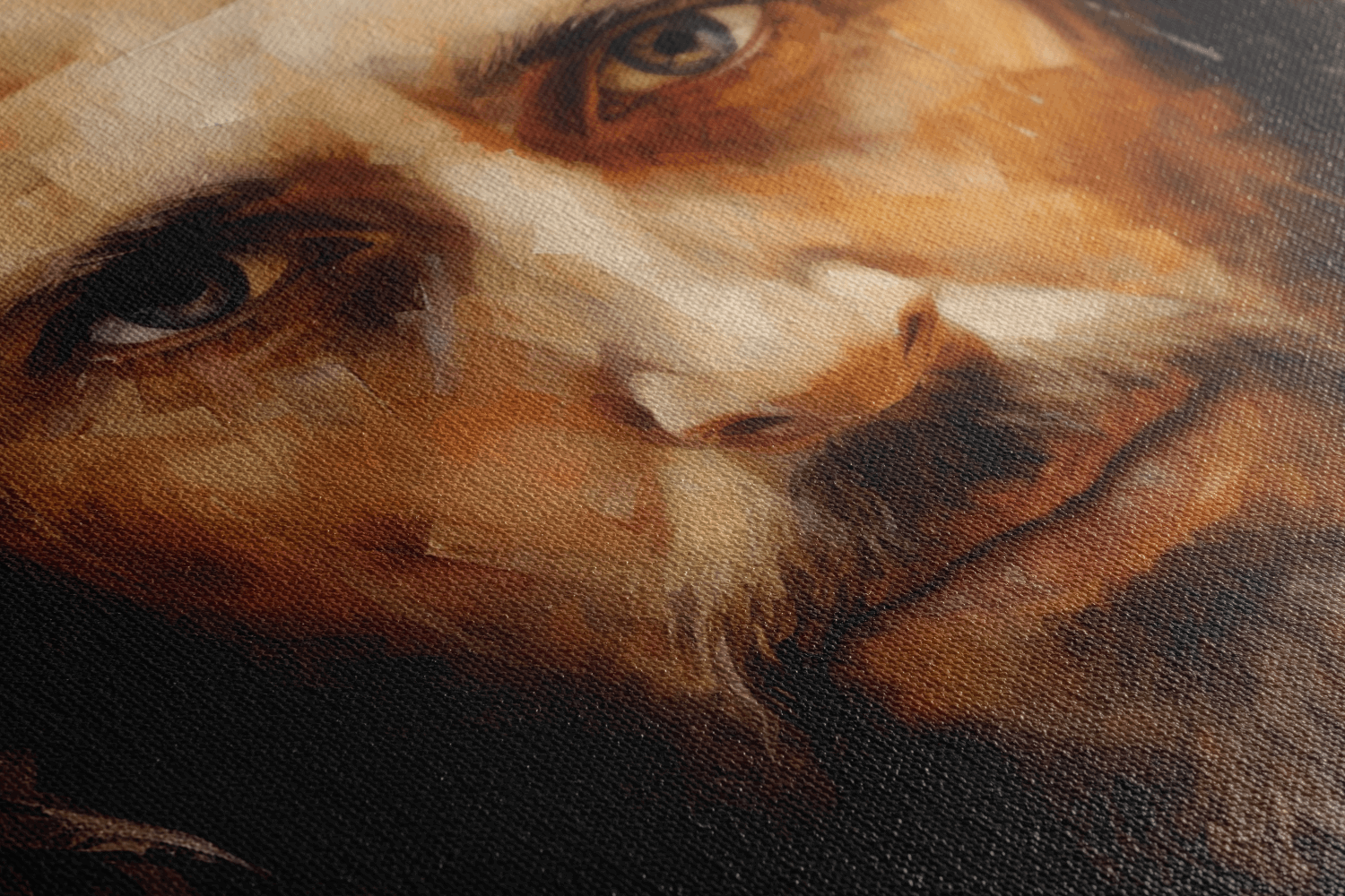 Detailed closeup of Canvas Wall Art Oil Painting Portrait of Jesus Christ with expressive brush strokes