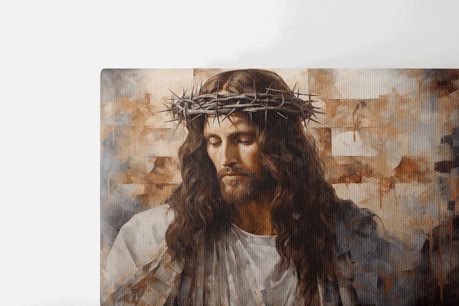 Closeup of the top half of the Canvas Wall Art portrait of Jesus Christ painted with neutral colors wearing a white robe and a crown of thorns